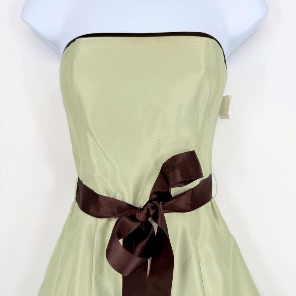 Jessica McClintock Gunne Sax Sage Green Satin Strapless Dress Brown Sash 3 Y2K - Picture 12 of 13